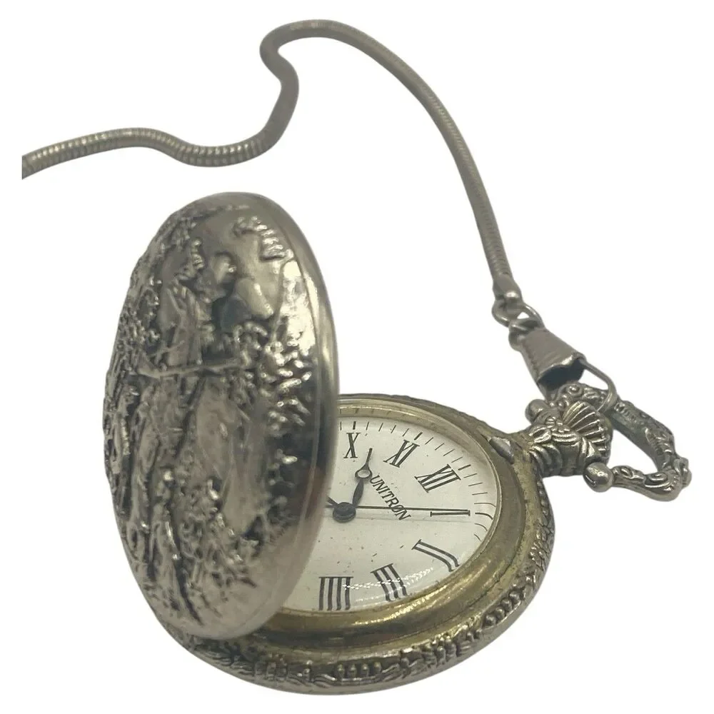 Vintage Unitron Silver Tone Quartz Pocket Watch Hunting Scene New Battery